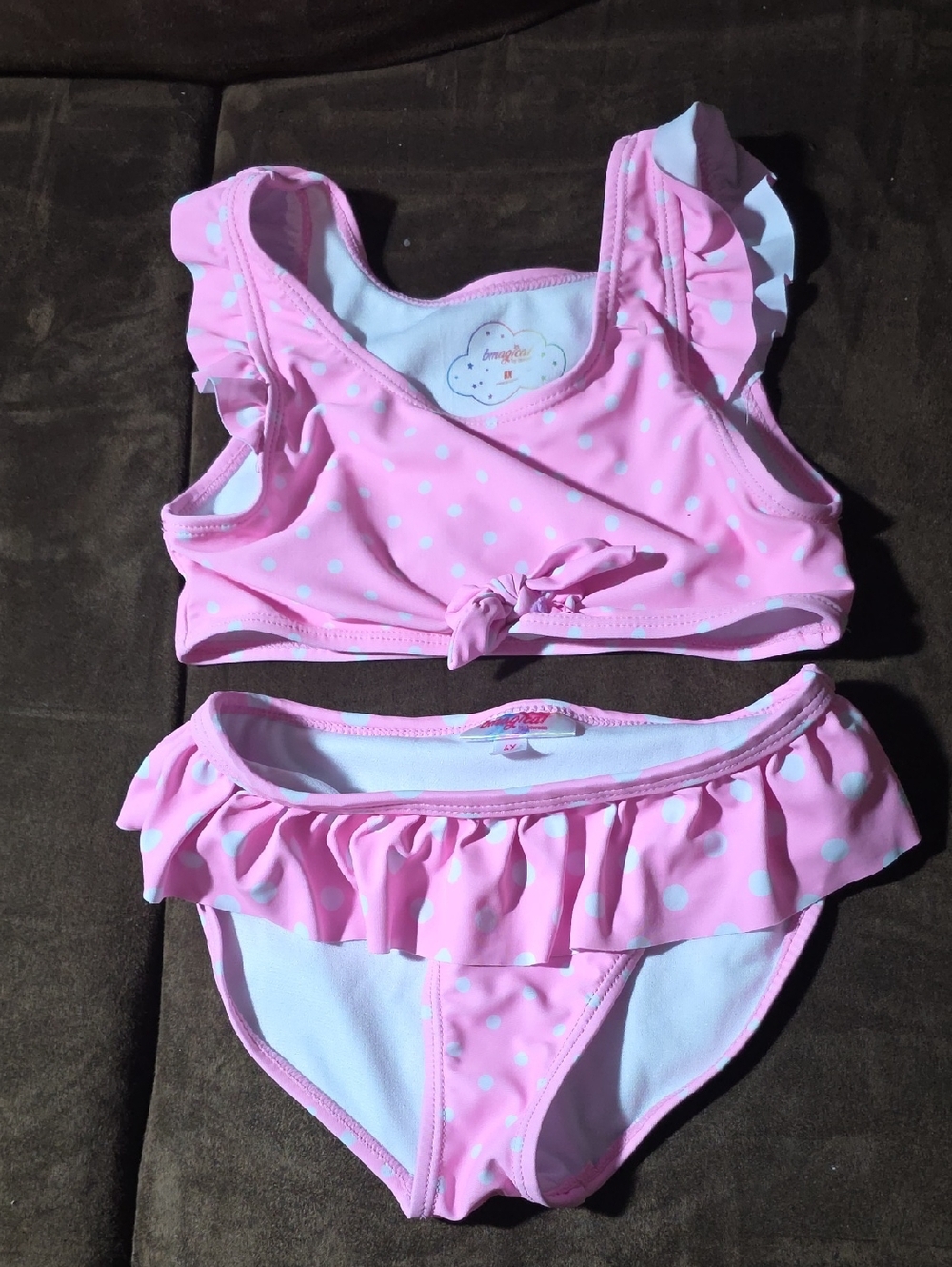 Girls 6x Pink Polka Dot Ruffle Two-Piece Swim Set
